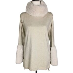 Capote Beige  Womens Faux Fur Trim Cowl Neck‎ Top Pullover Size S